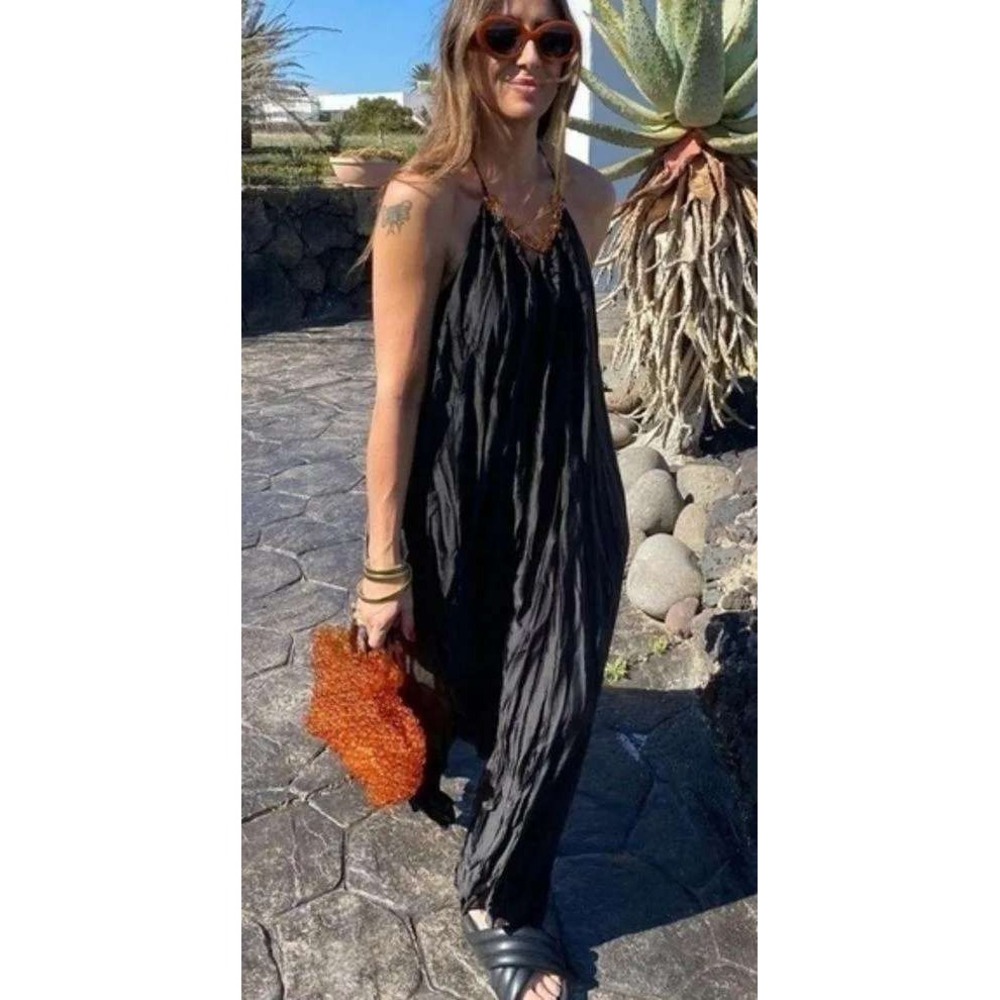 Zara Midi Dress Womens Small Black Crinkled Amber Chain Neck Spaghetti Strap